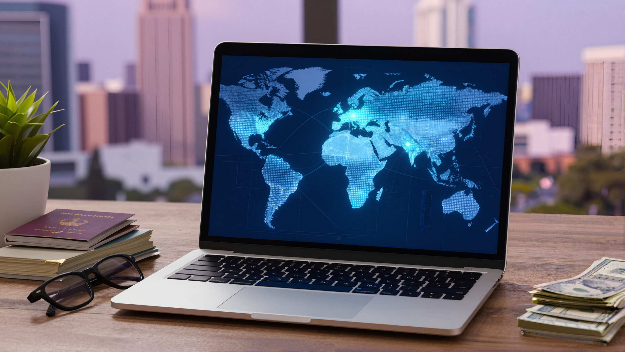 Globo digital com holograma financeiro azul-ciano e linhas de conexão representando investir nos EUA e transferências internacionais