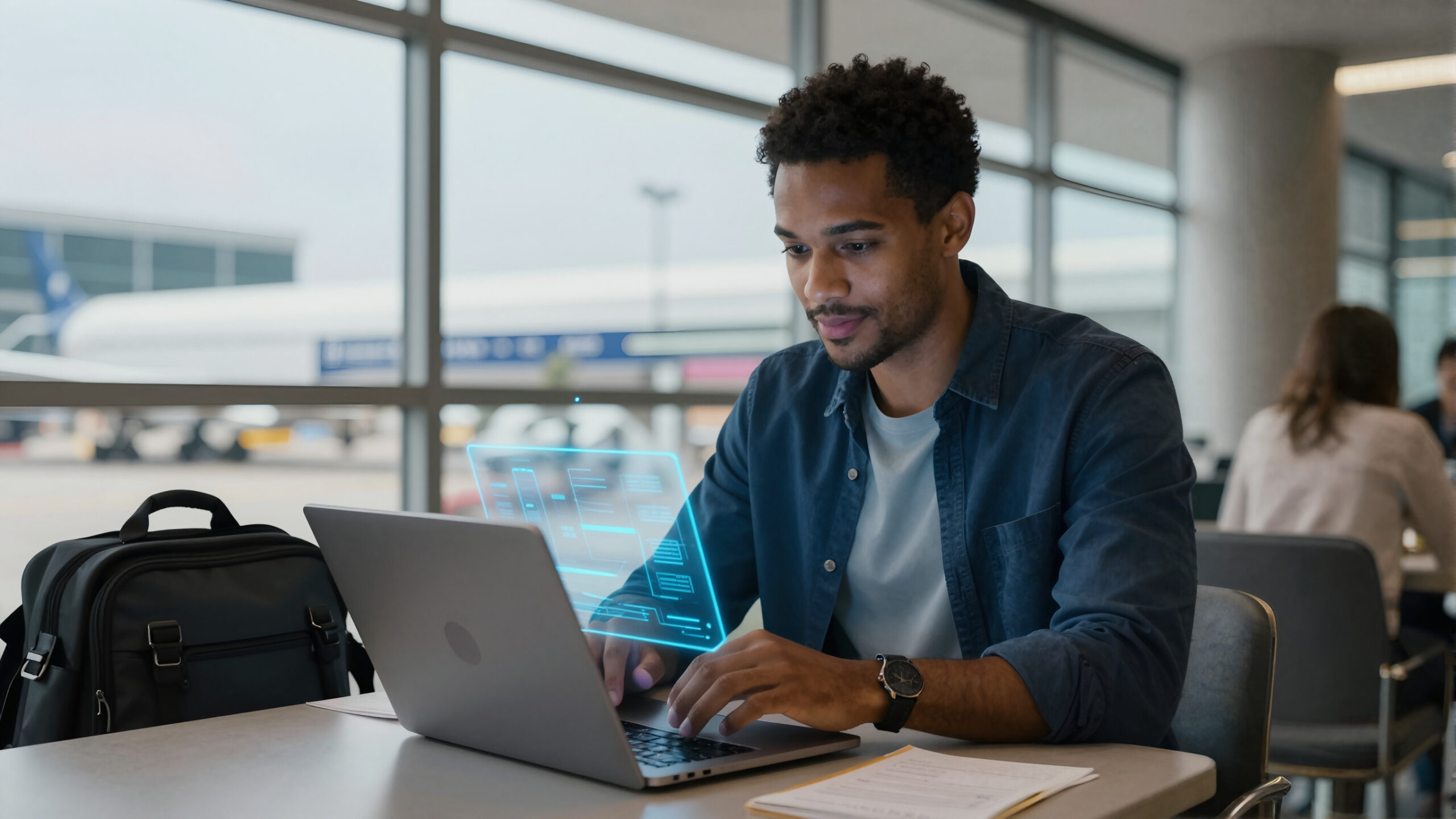 Profissional com notebook em aeroporto moderno exibindo holograma financeiro, ilustrando morar nos Estados Unidos