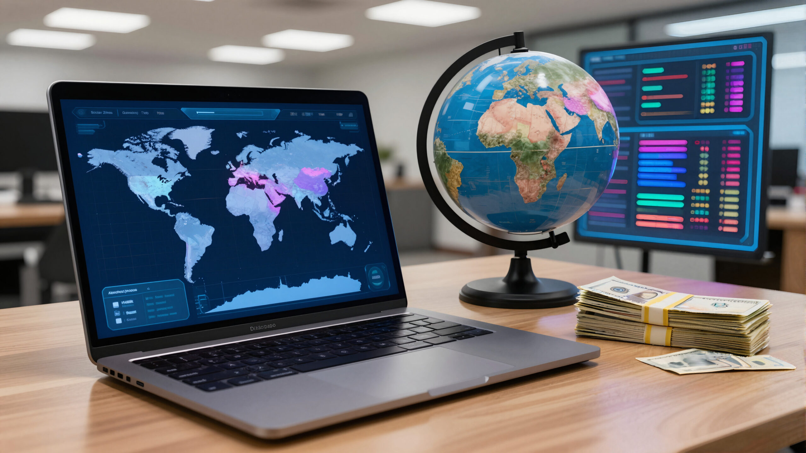 Globo digital holográfico e notebook simbolizando importação aduaneira e fluxos de comércio internacional