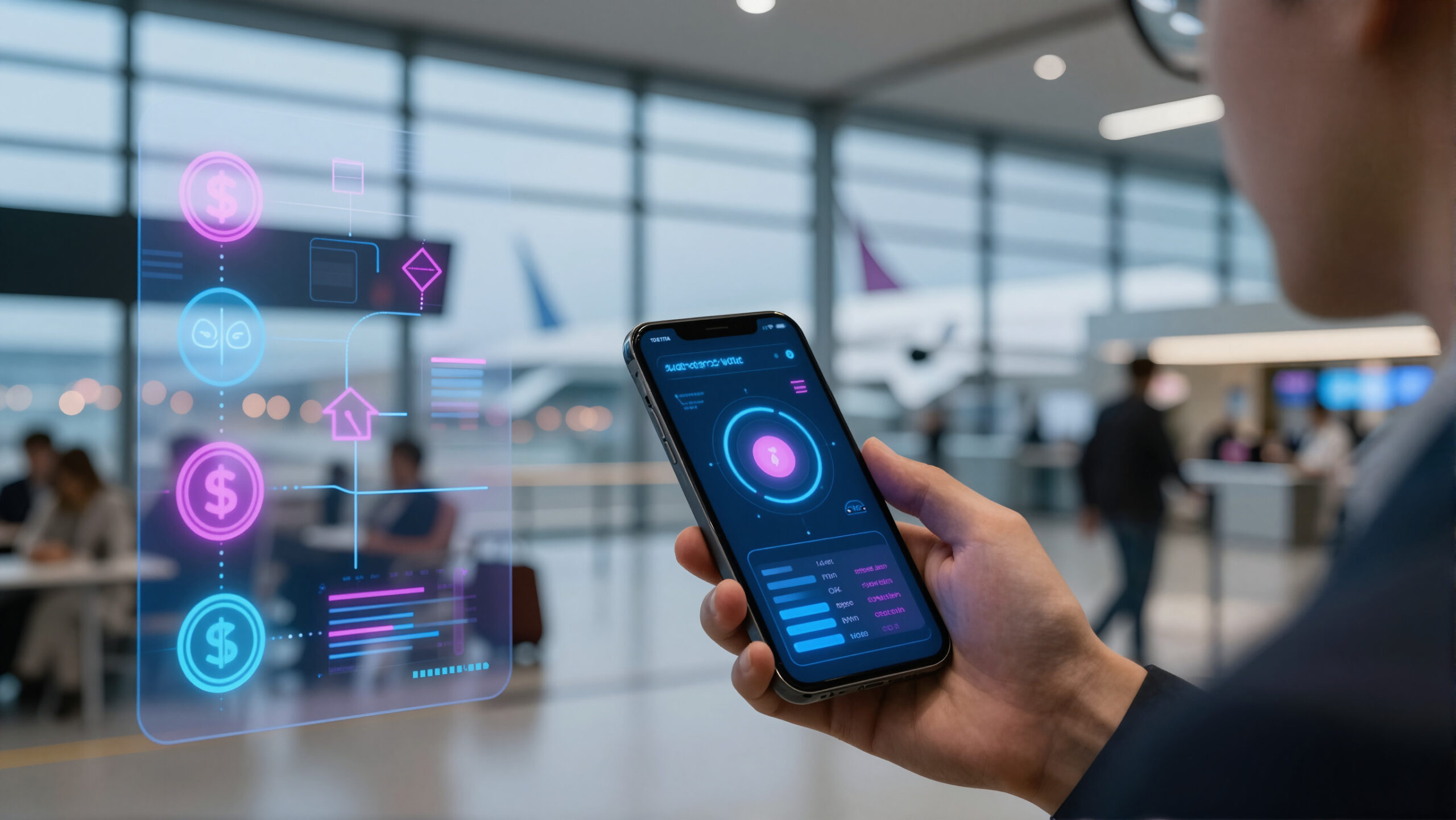Terminal de aeroporto moderno com holograma biométrico e rotas luminosas, conceito de salário e custo de vida nos Estados Unidos