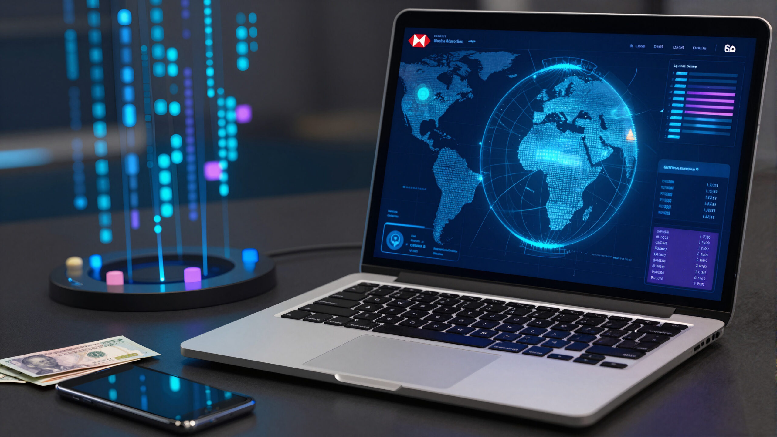 Núcleo holográfico azul-ciano representando câmbio digital e fluxo de conversão entre contas internacionais, com notebook em primeiro plano