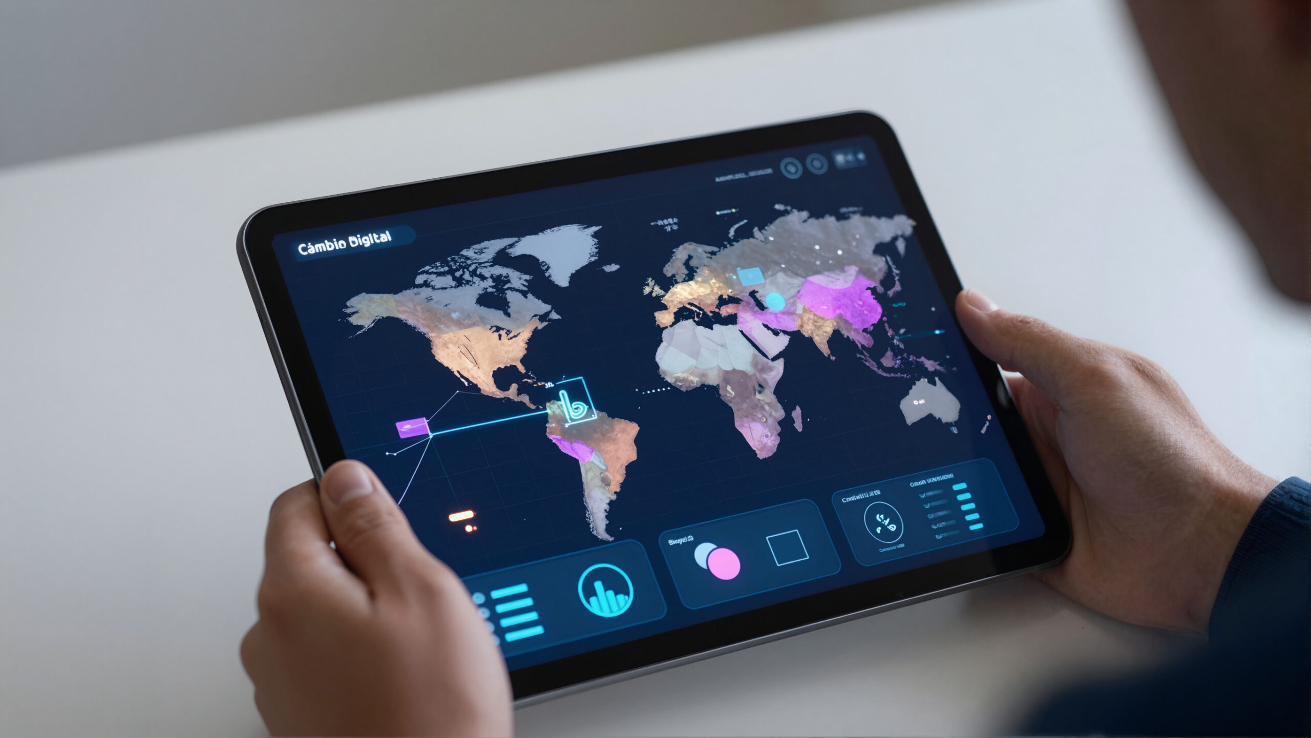 Tablet com holograma financeiro de globo digital e moedas abstratas simbolizando câmbio digital internacional