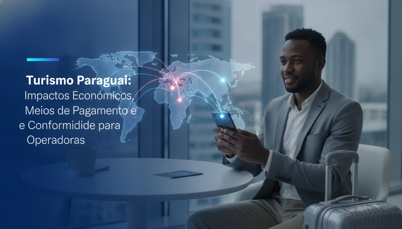 Pessoa executiva orientando cliente sobre remessas e turismo exterior Paraguai em ambiente fintech