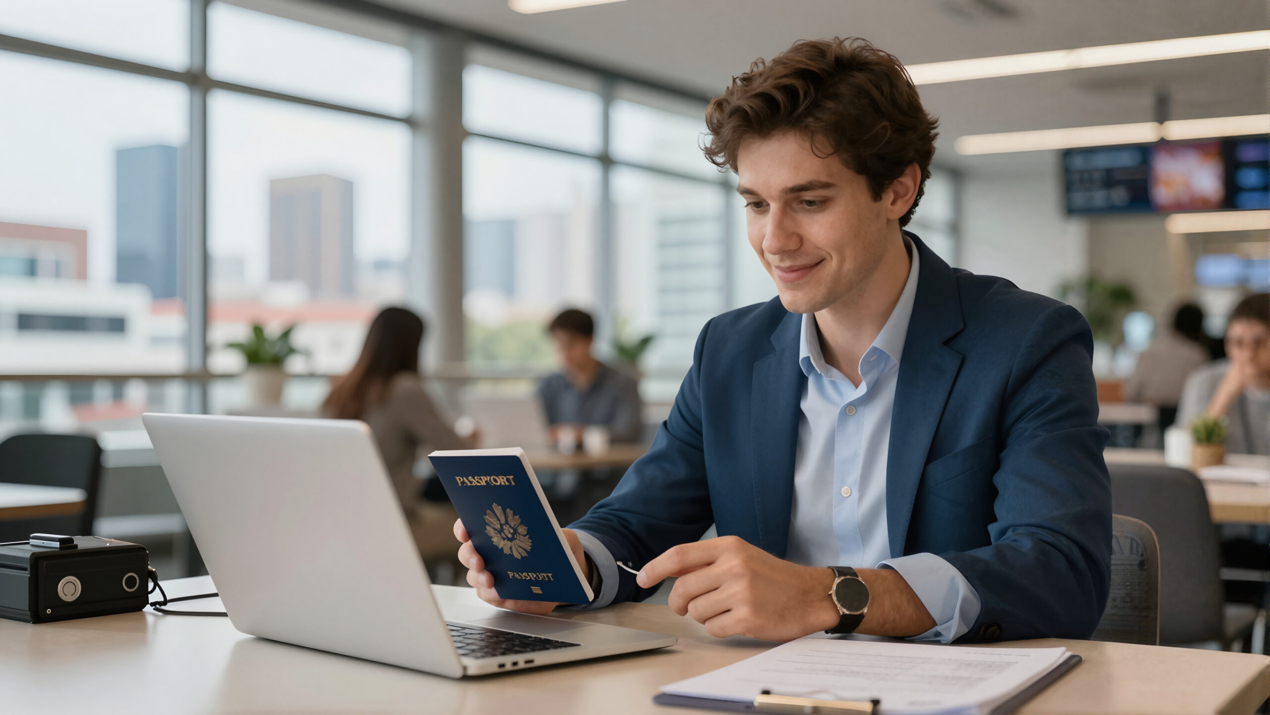 Viajante em plano médio no balcão do aeroporto com capa de passaporte genérica e dispositivo digital, conceito de vida no exterior