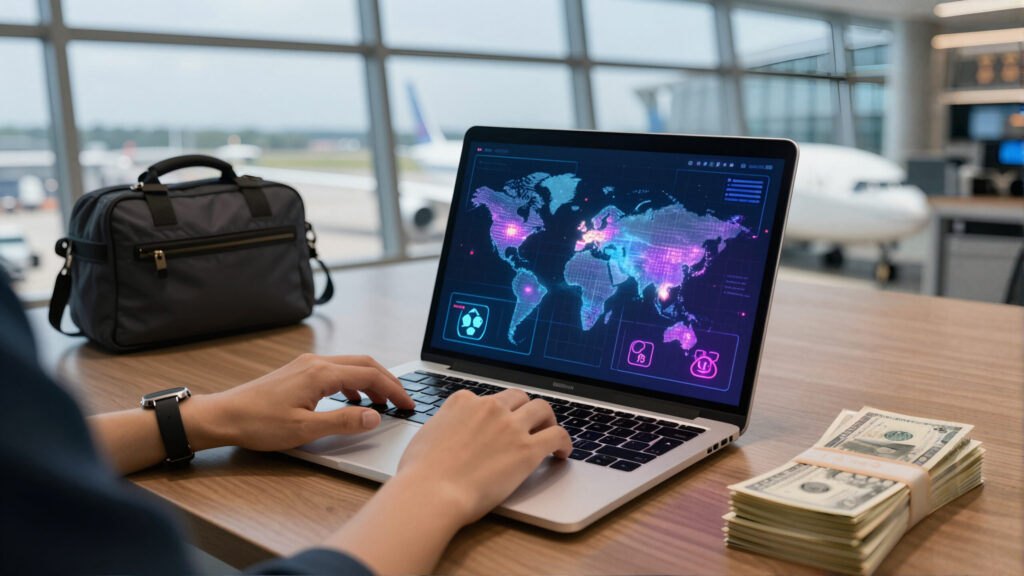 Aeroporto moderno com malas e notebook exibindo interface abstrata e ícones financeiros holográficos, sugerindo custo de vida Estados Unidos
