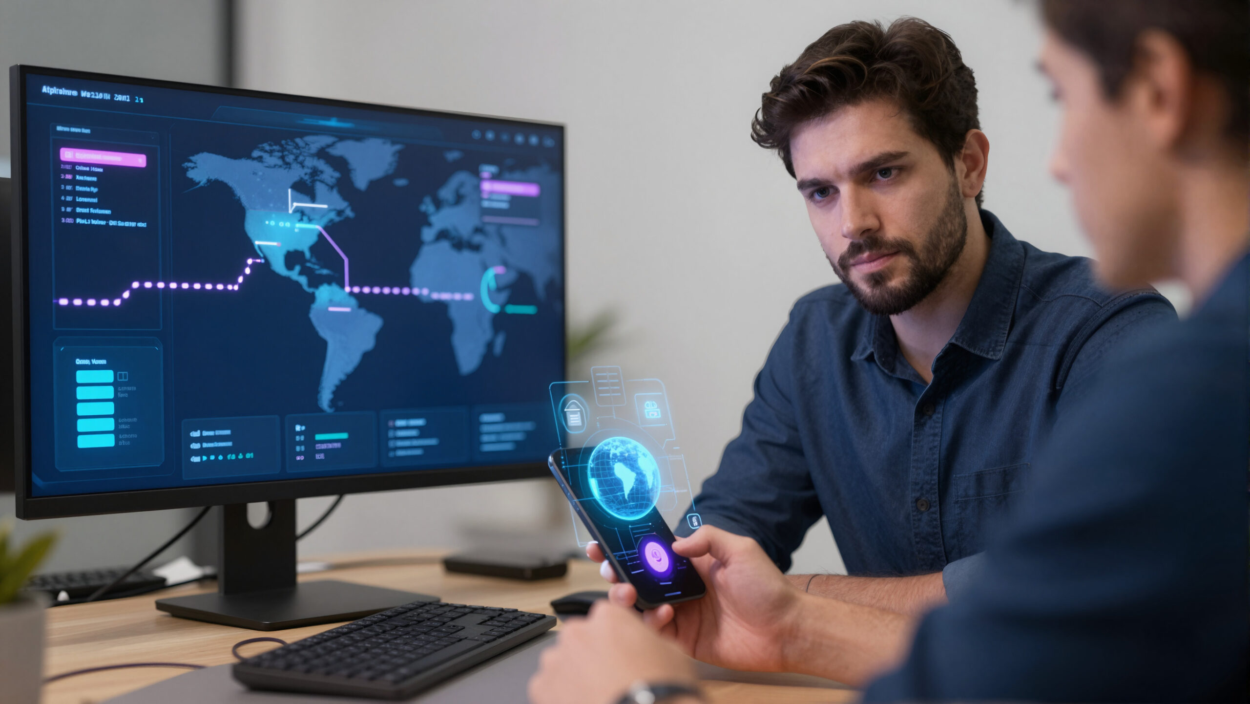 Profissional latino usando celular com holograma abstrato simbolizando remessa internacional e transferências digitais