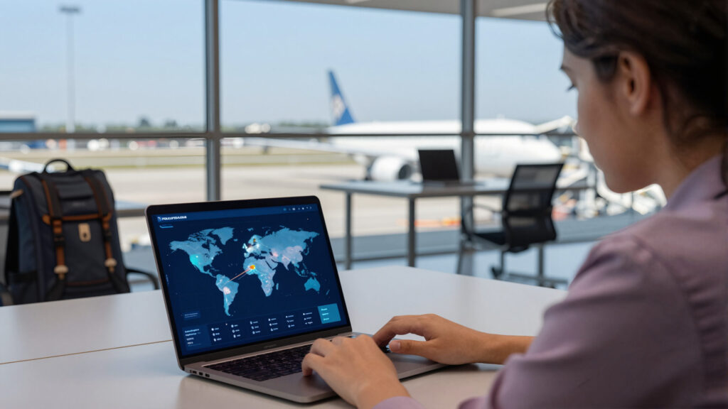 Estudante em aeroporto com malas e notebook exibindo interface abstrata, cenário de câmbio e planejamento para morar no Uruguai