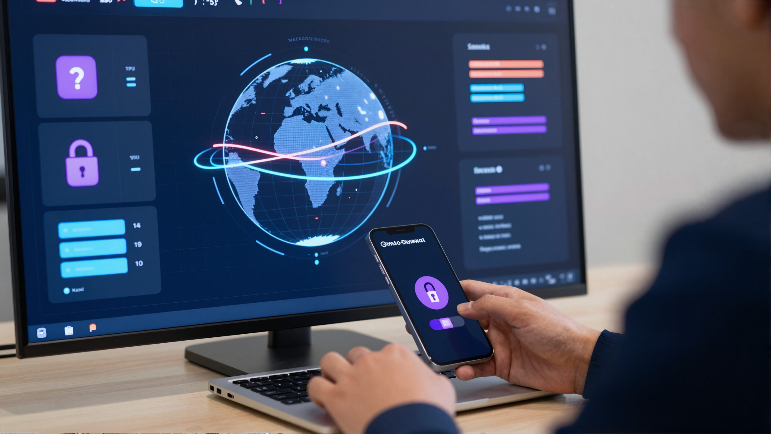Dispositivo financeiro e globo holográfico representando câmbio digital e fluxo de conversão de moedas abstratas
