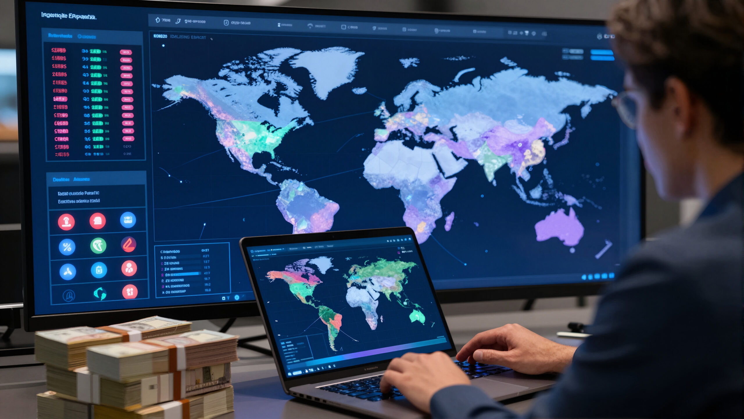 Globo digital com rotas e empresas conectadas simbolizando importação empresarial e operação cambial