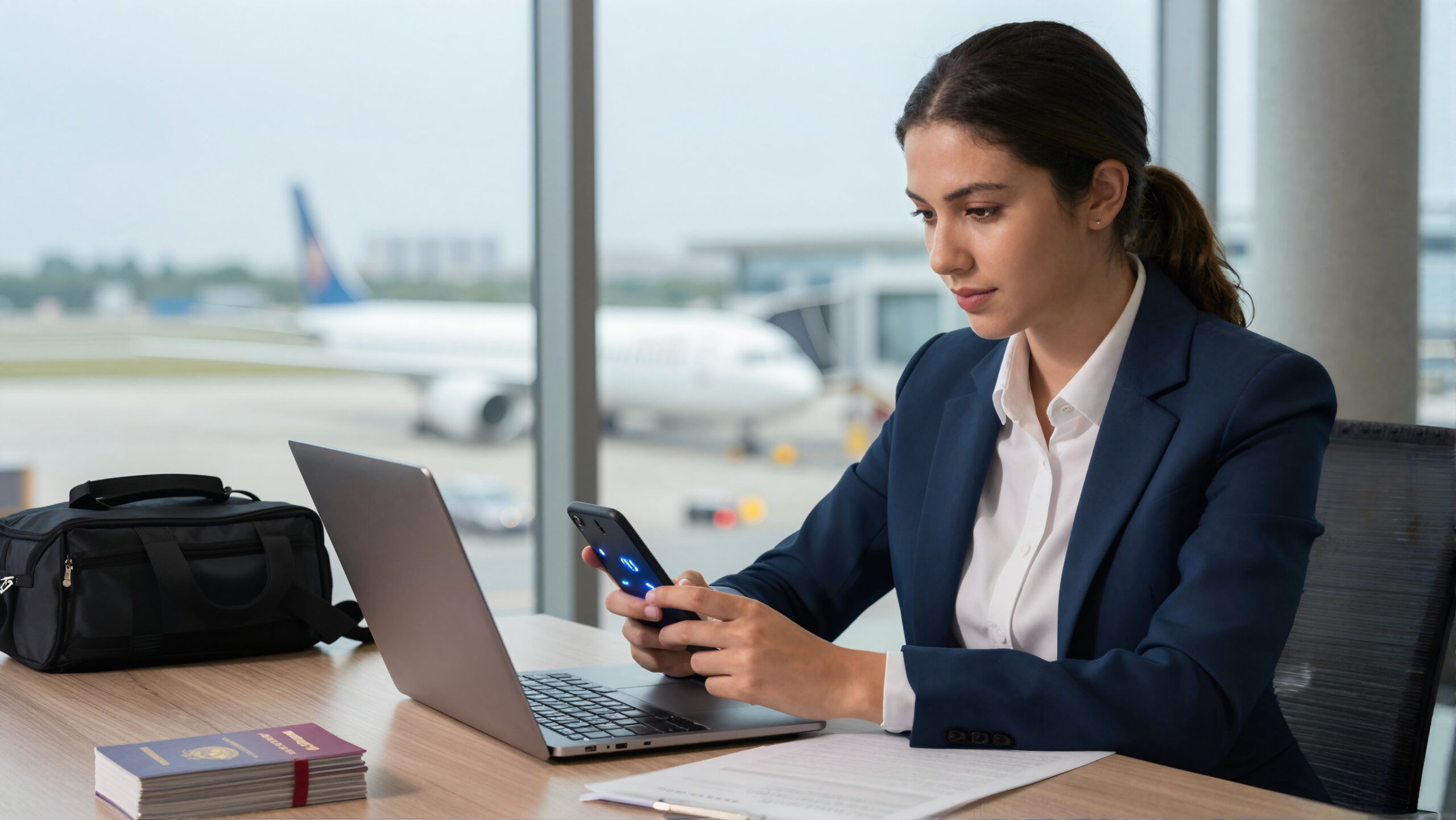 Pessoa conferindo reserva de voo para viagem internacional no notebook em aeroporto moderno, com ícones abstratos de moedas flutuando.
