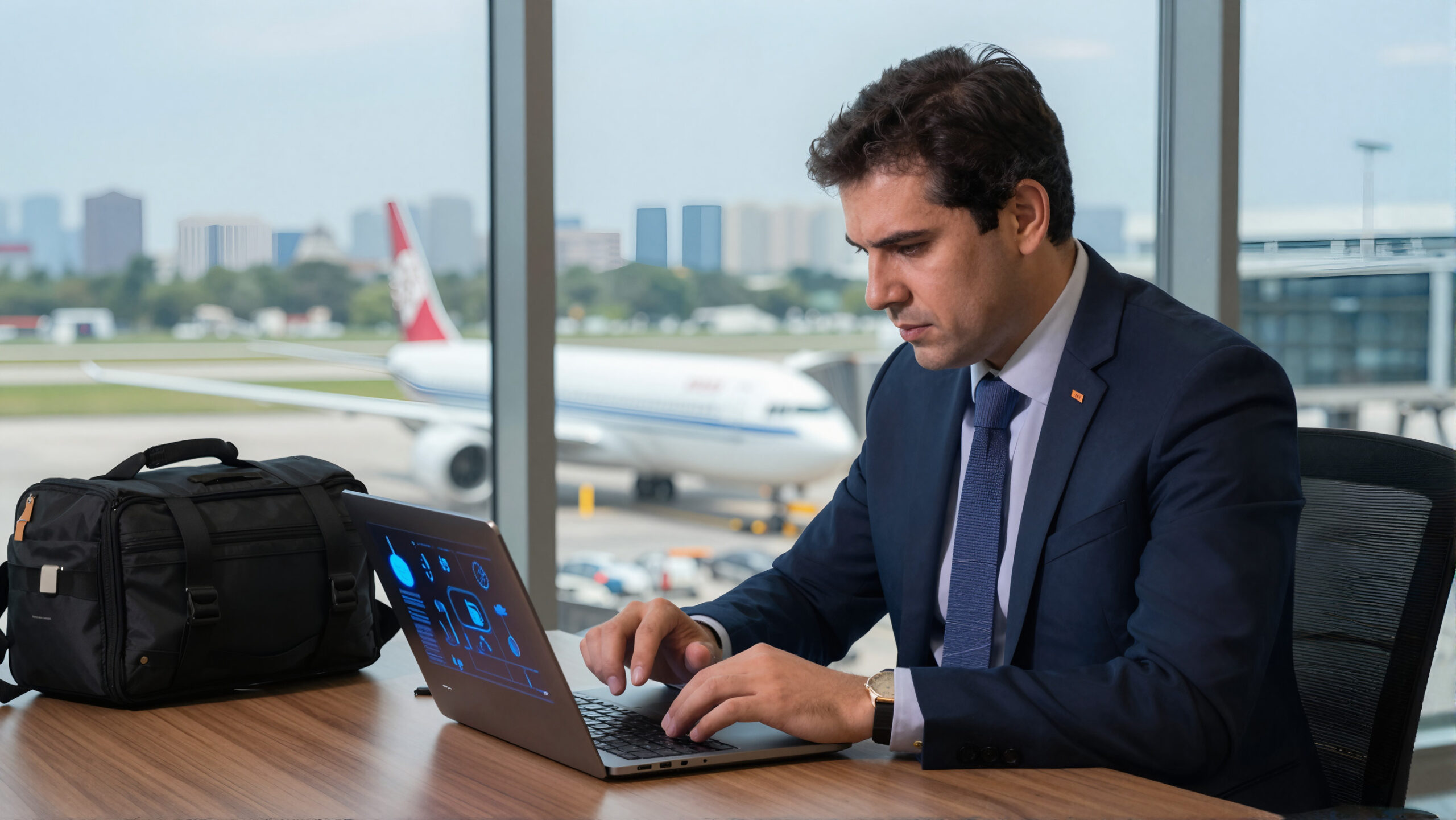 Profissional no aeroporto com notebook analisando holograma sobre investimento imobiliário internacional