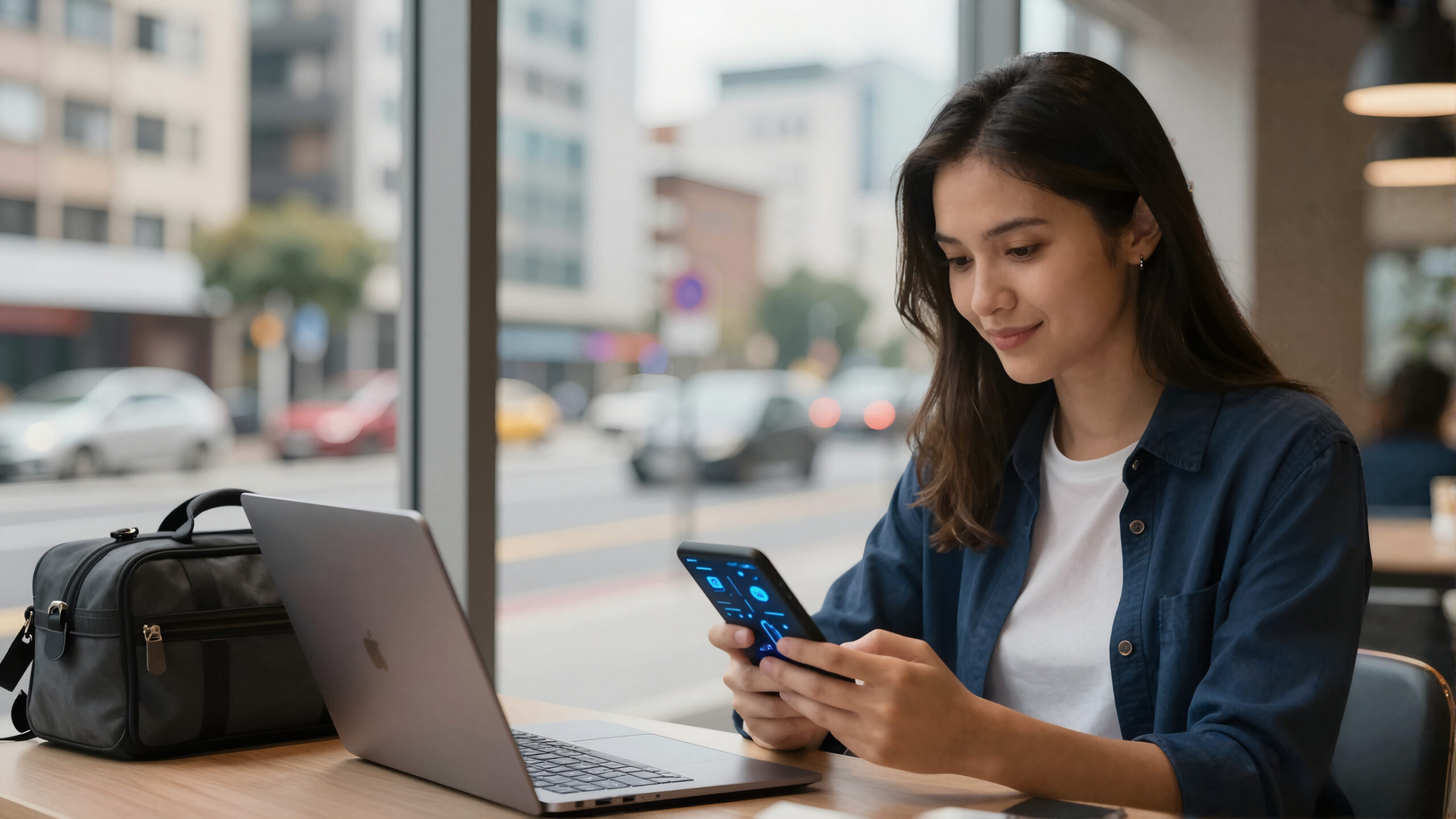 Profissional asiática em plano médio segurando celular com interface financeira abstrata e notebook em mesa, vida no exterior