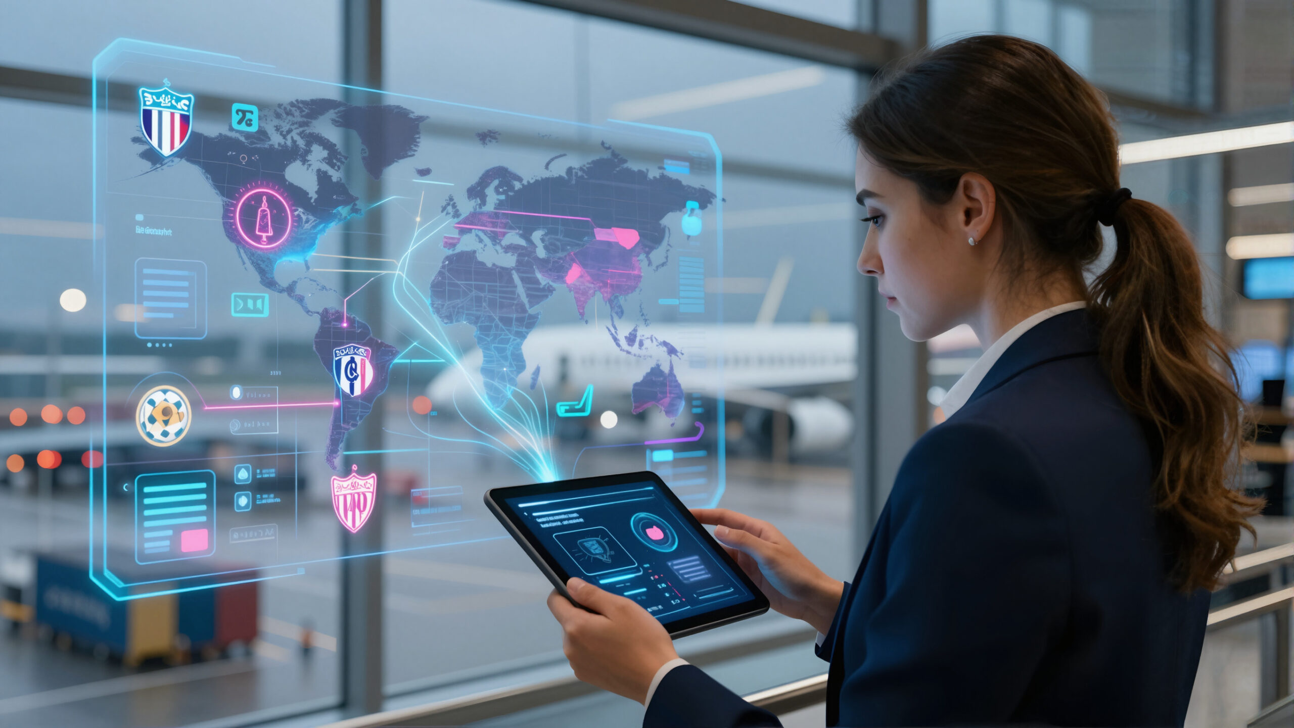 Terminal de aeroporto com tablet e holograma abstrato representando salário e custo de vida nos Estados Unidos