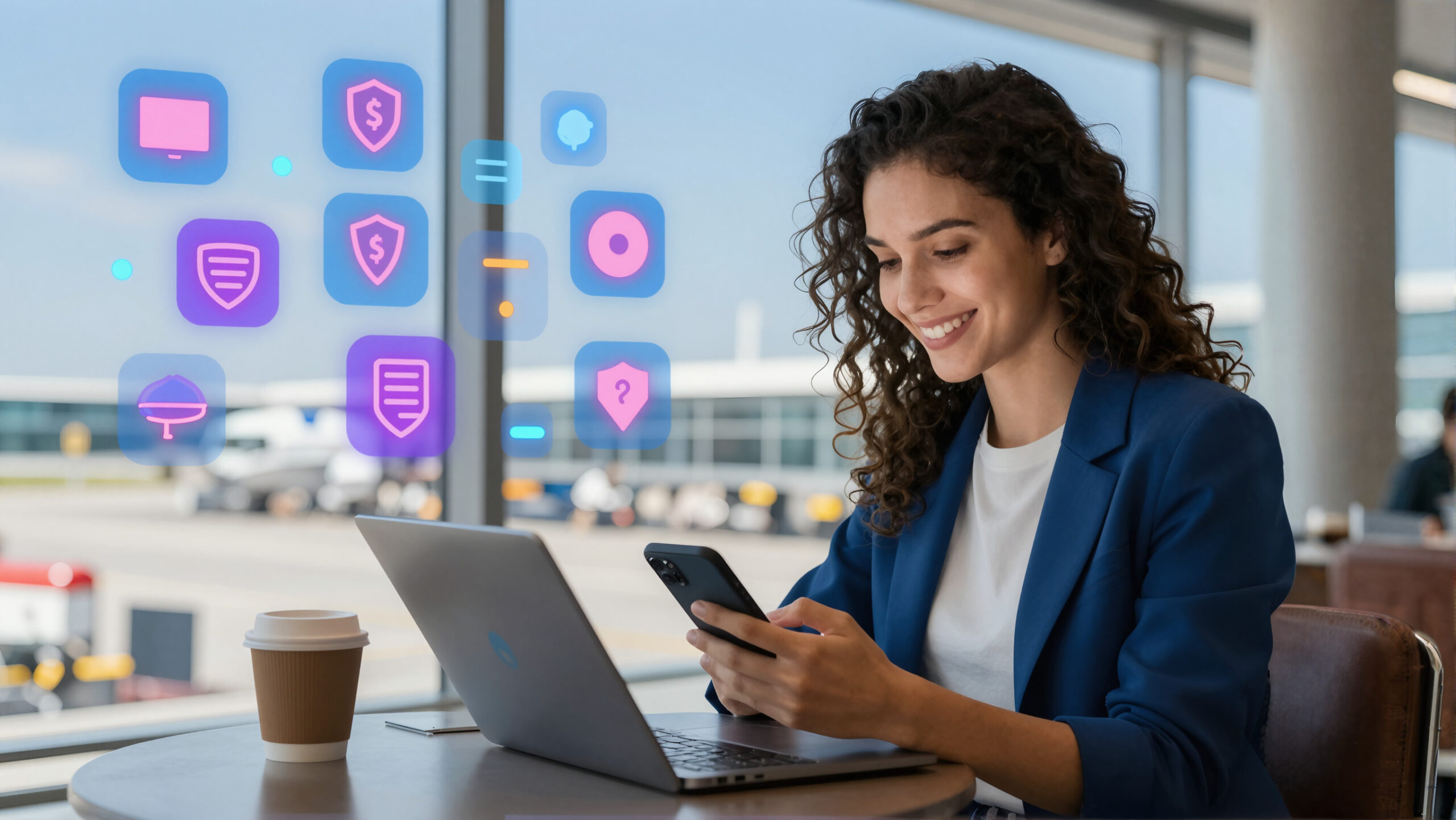 Viajante em aeroporto consultando seguro viagem e câmbio em dispositivo com ícones digitais