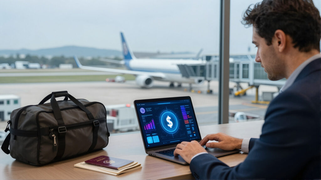 Dois profissionais no aeroporto consultando notebook com interface abstrata que sugere conta internacional em dólar