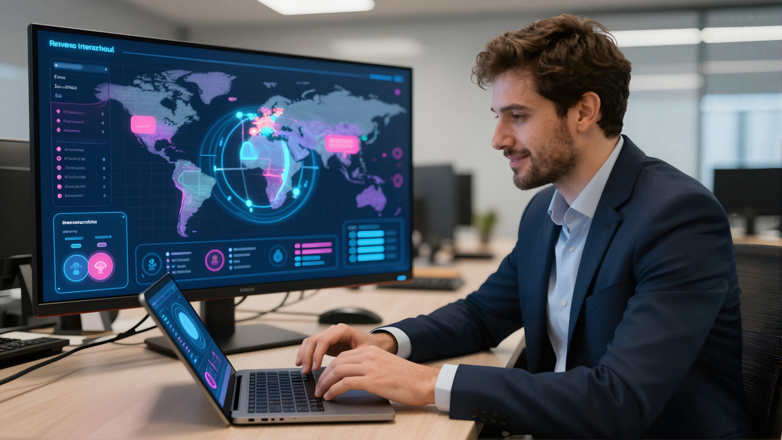 Profissional analisando holograma abstrato de transferências e globo digital em cenário institucional, representando remessa internacional