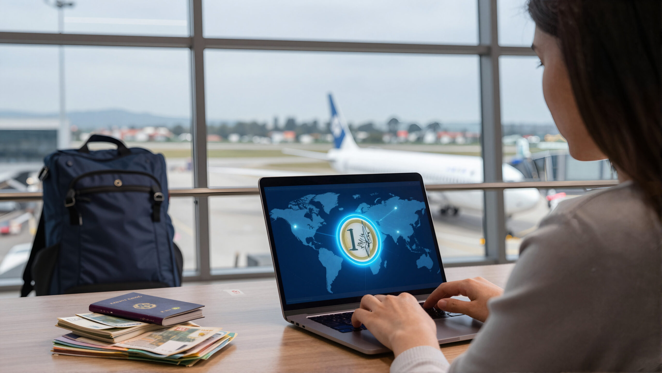 Terminal de aeroporto moderno com malas discretas e rotas luminosas abstratas sugerindo viagem internacional