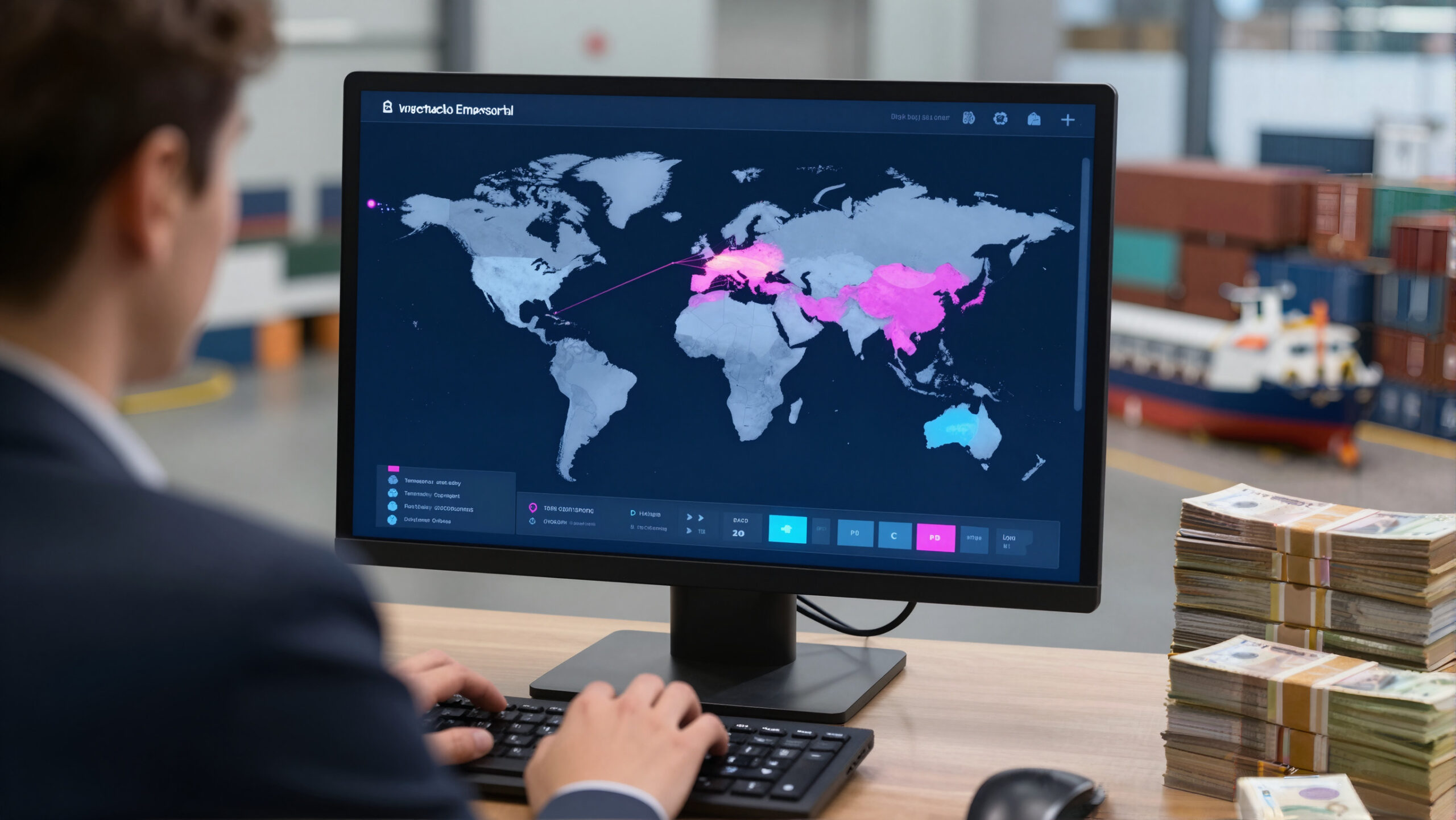 Interface abstrata com globo digital e rotas conectando empresas, representando importação empresarial e operações cambiais