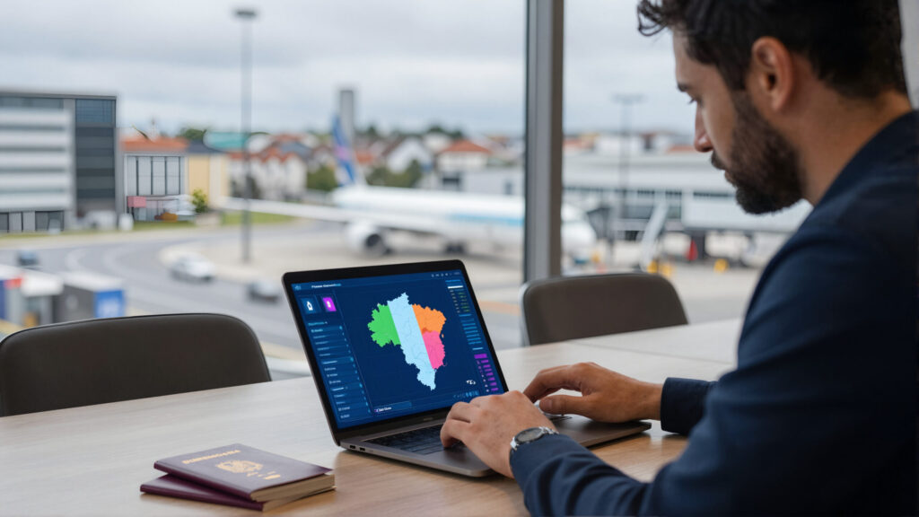 Jovem profissional negro com notebook analisando mapa holográfico abstrato, planejando morar na Irlanda e vida no exterior
