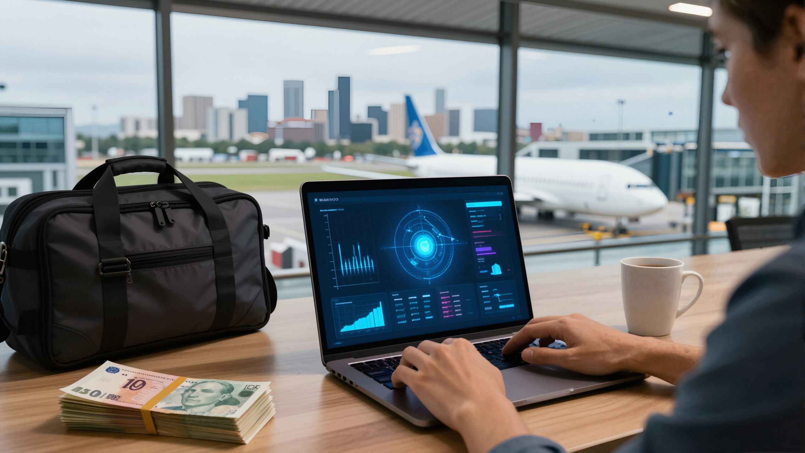 Aeroporto moderno com malas e notebook exibindo holograma financeiro azul-ciano, cena de viagem internacional ao Reino Unido