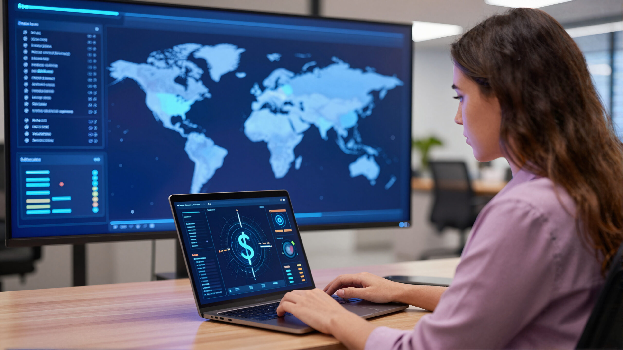Profissional consultando notebook com holograma de moeda e interface abstrata, representando exportação e mercados globais