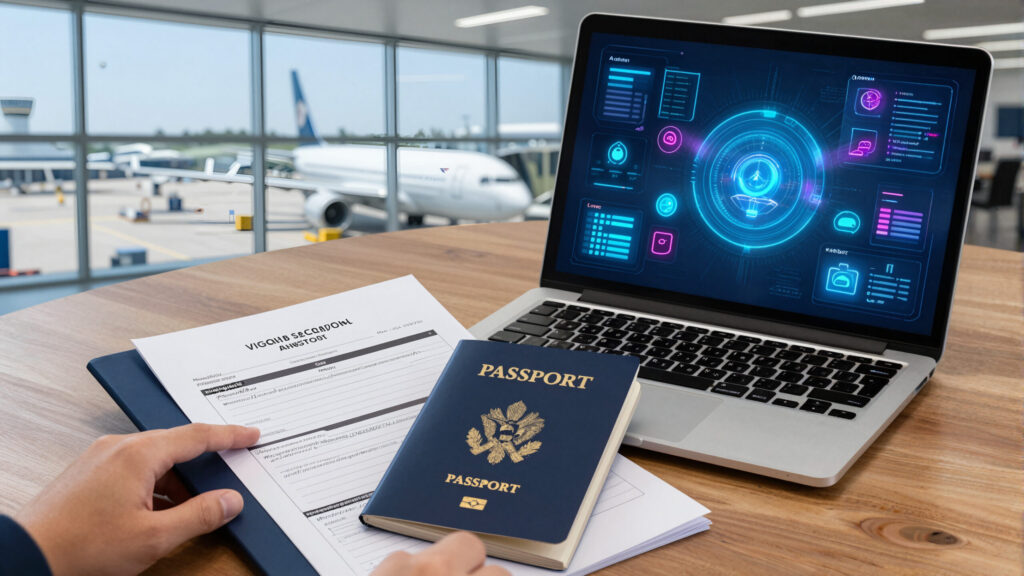 Terminal de aeroporto com malas e holograma abstrato que sugere preparo para visto de estudante e formulário I-20 nos Estados Unidos