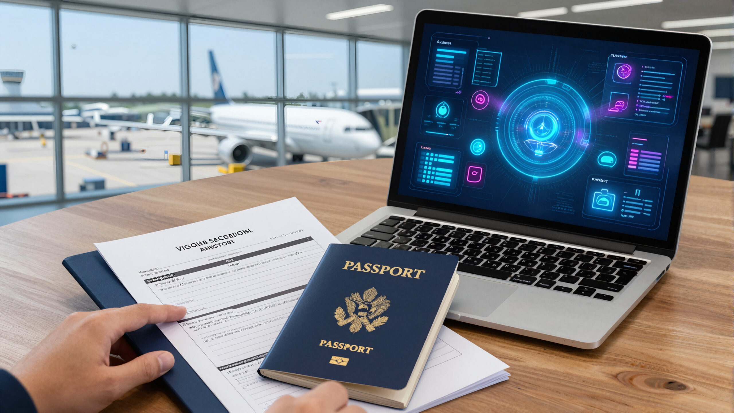 Terminal de aeroporto com malas e holograma abstrato que sugere preparo para visto de estudante e formulário I-20 nos Estados Unidos