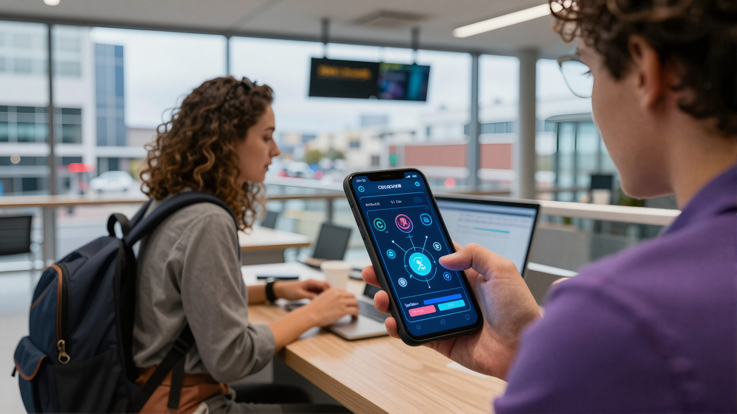Profissional segurando smartphone com holograma financeiro sugerindo operações de câmbio para intercâmbio