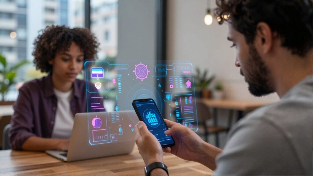 Agente esportivo segurando smartphone com holograma abstrato representando salário e custo de vida nos Estados Unidos