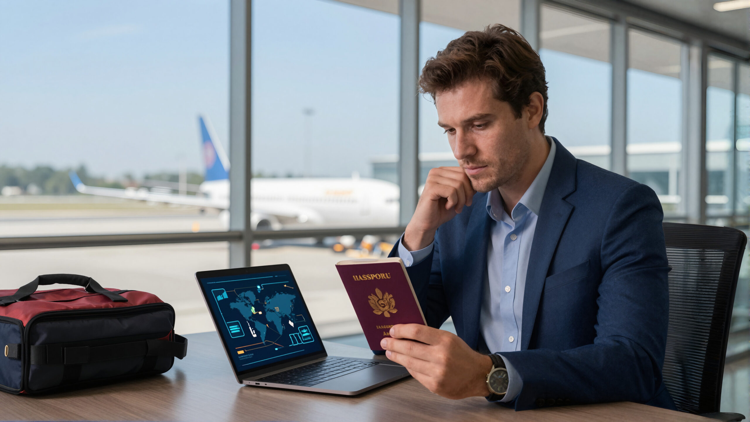 Profissional em terminal de Viagem Internacional e Aeroporto com passaporte liso e notebook exibindo holograma de ícones de moedas
