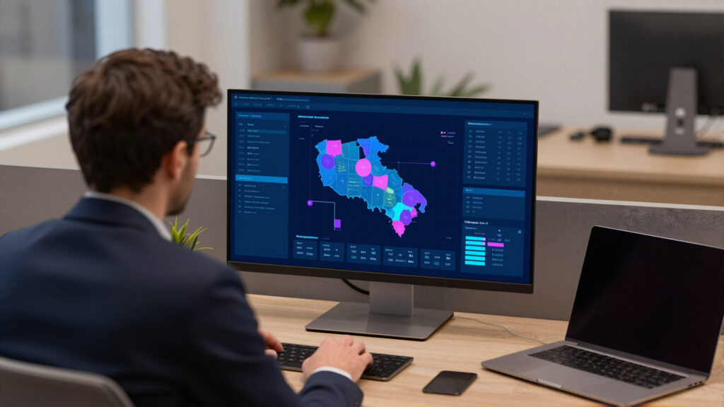 Holograma de folha salarial e interface geométrica em ambiente institucional, ilustrando salário e custo de vida nos Estados Unidos