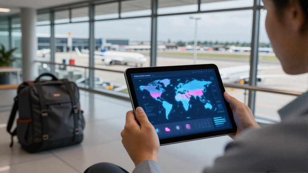 Tablet apoiado em terminal de aeroporto, holograma azul abstrato indicando processo de visto e conexões internacionais