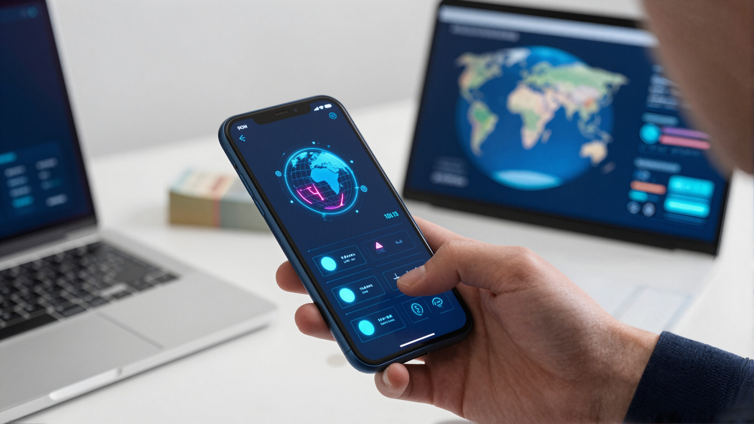 Smartphone com holograma de impressão digital e globo, simbolizando câmbio digital seguro e transferências internacionais