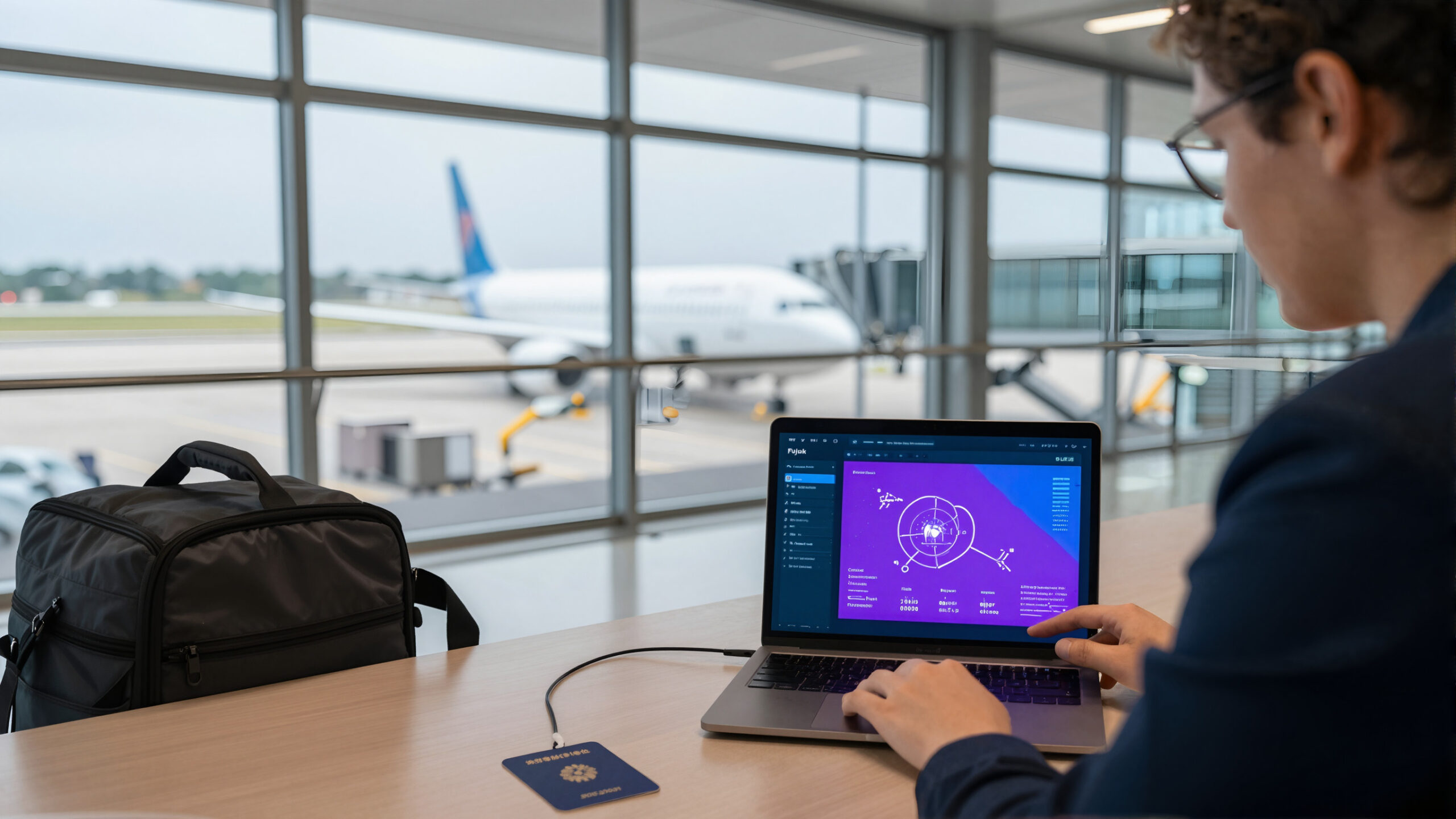 Viajante no aeroporto pesquisando voos e câmbio em notebook, representando viagem internacional e adaptação ao exterior