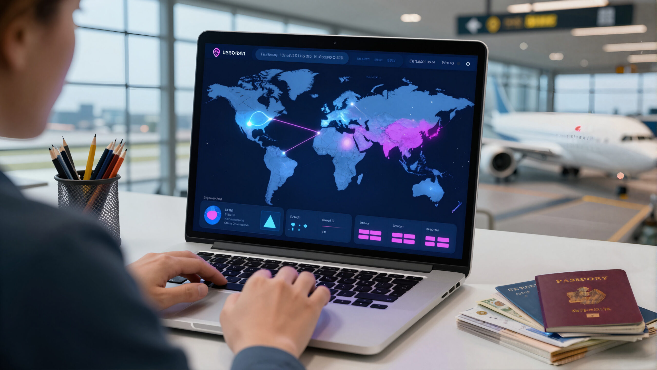 Terminal de aeroporto com interface abstrata sugerindo salário e custo de vida nos Estados Unidos