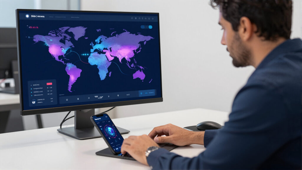 Profissional com notebook analisando holograma abstrato de remessa internacional e linhas digitais de transferência global