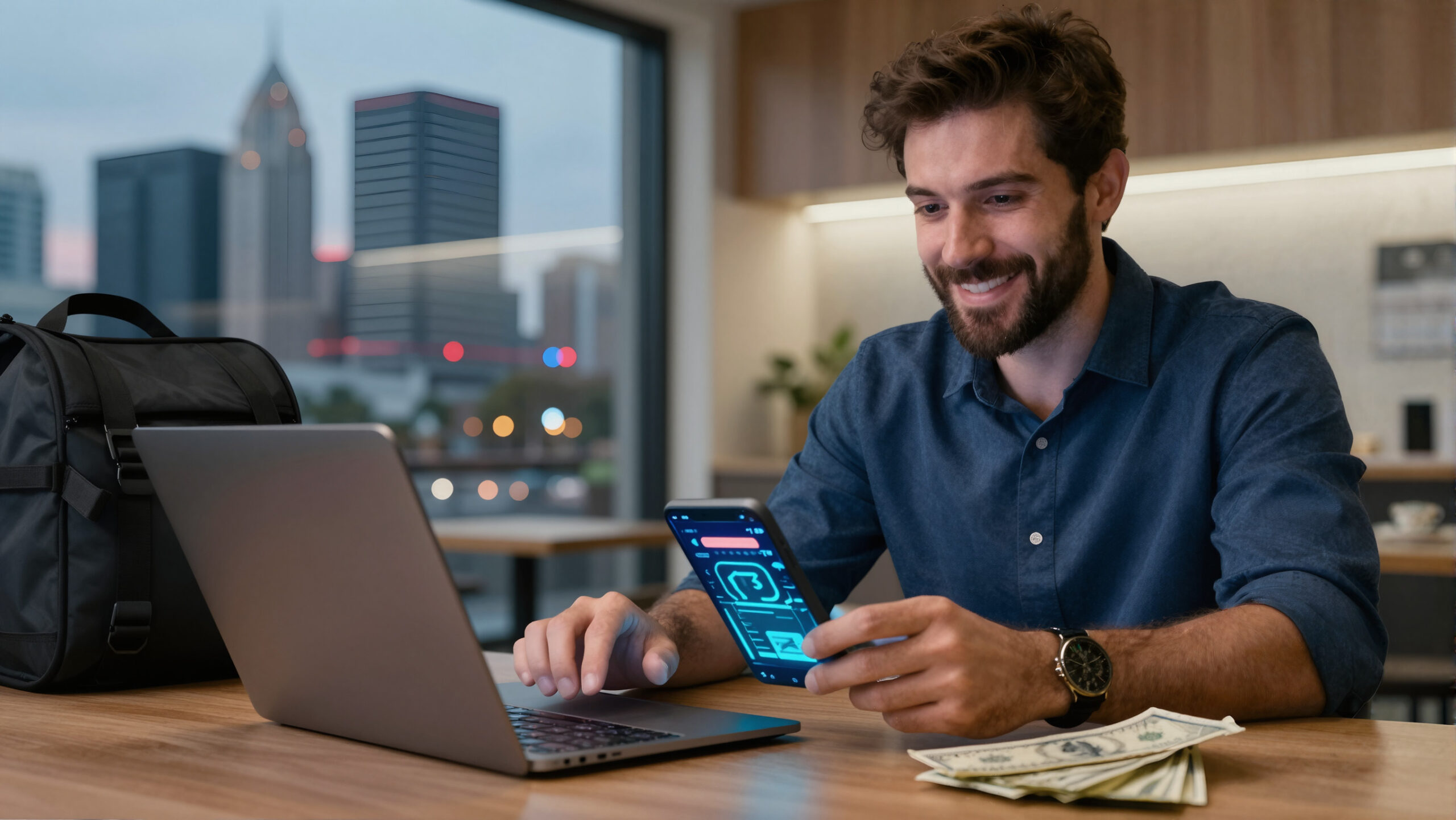 Cédulas de dólar turismo em primeiro plano com interface abstrata e viajante preparando-se para vida no exterior