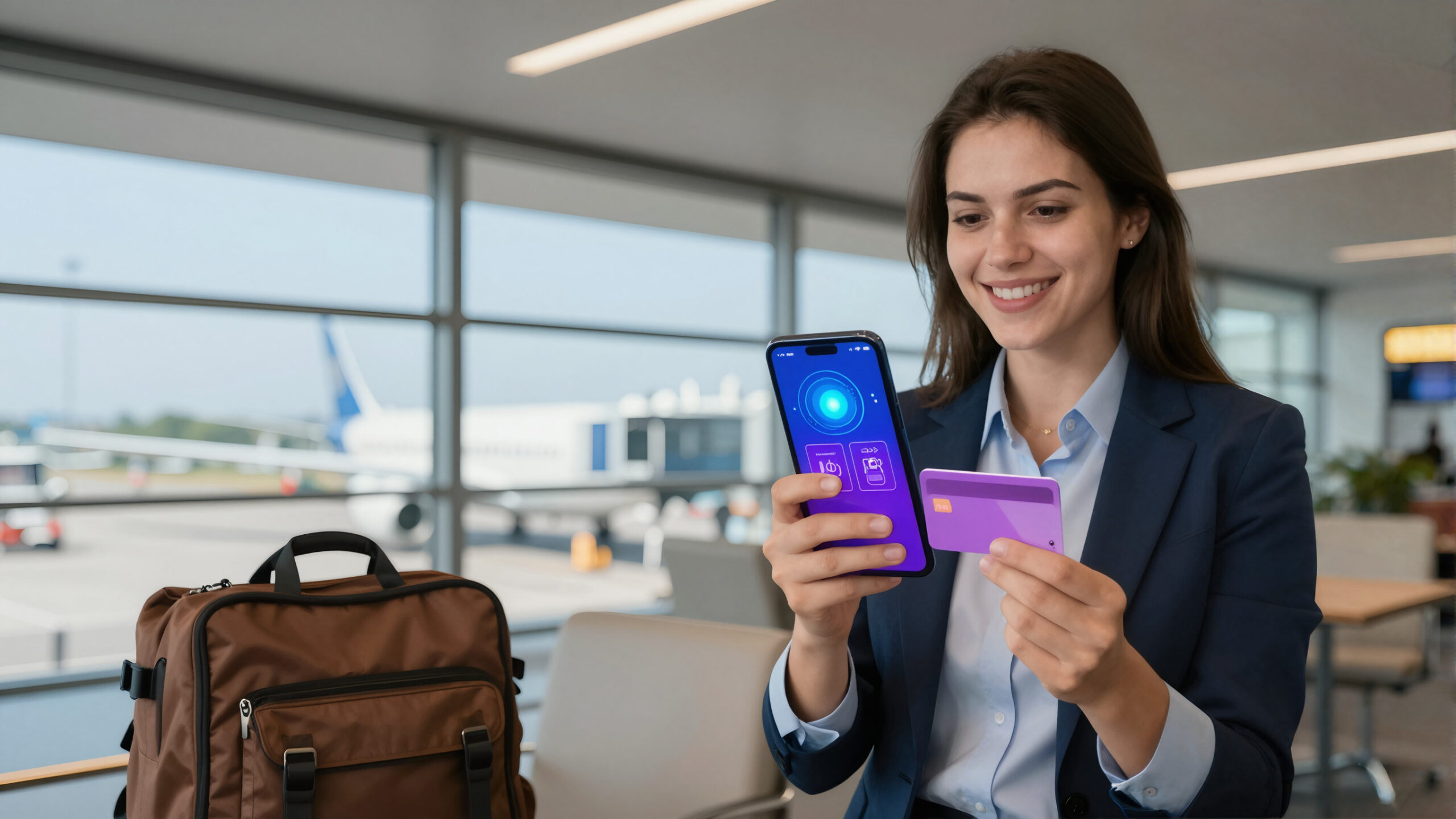 Viajante em aeroporto segurando celular com holograma de cartão abstrato, representando abertura de conta no exterior