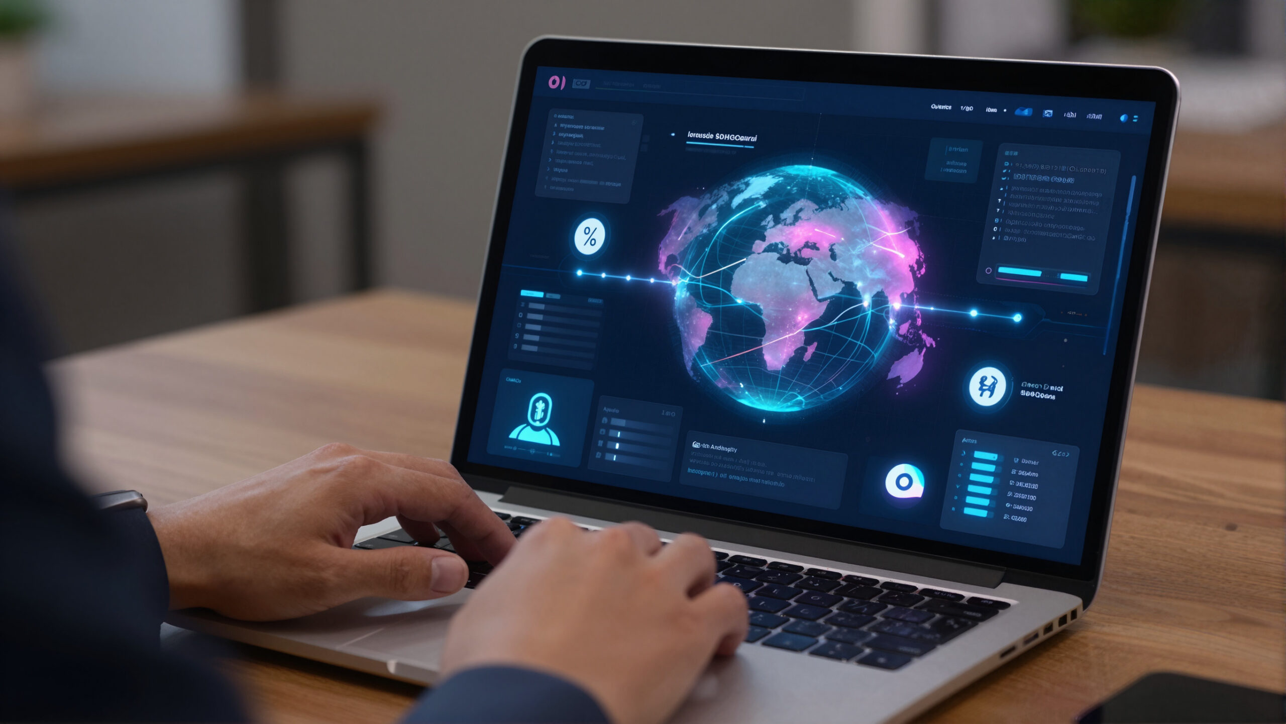Notebook com holograma de globo digital e linhas de transferência representando remessa internacional e câmbio