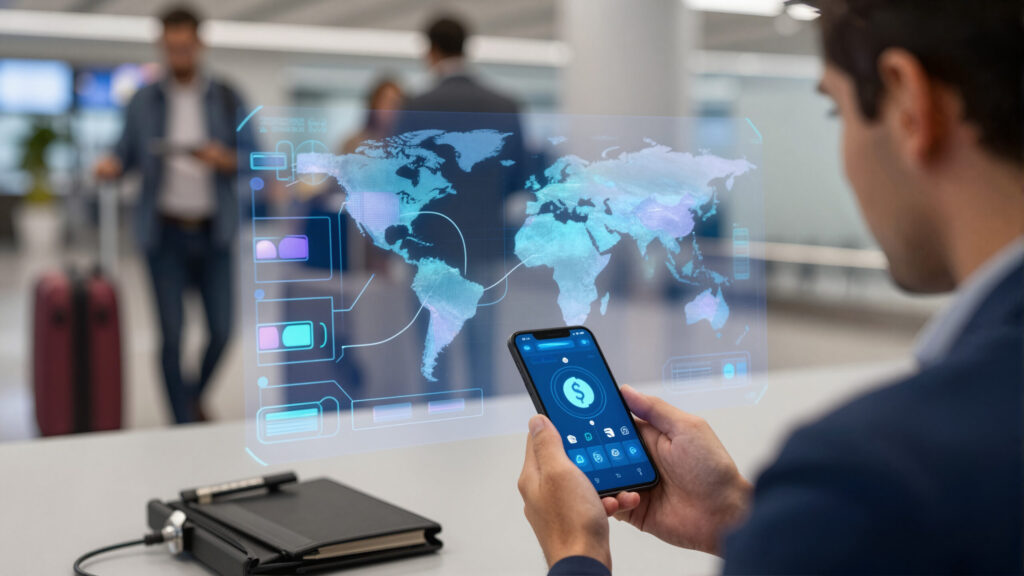 Profissional latino segurando celular com holograma que sugere remessa internacional e conexão financeira entre países